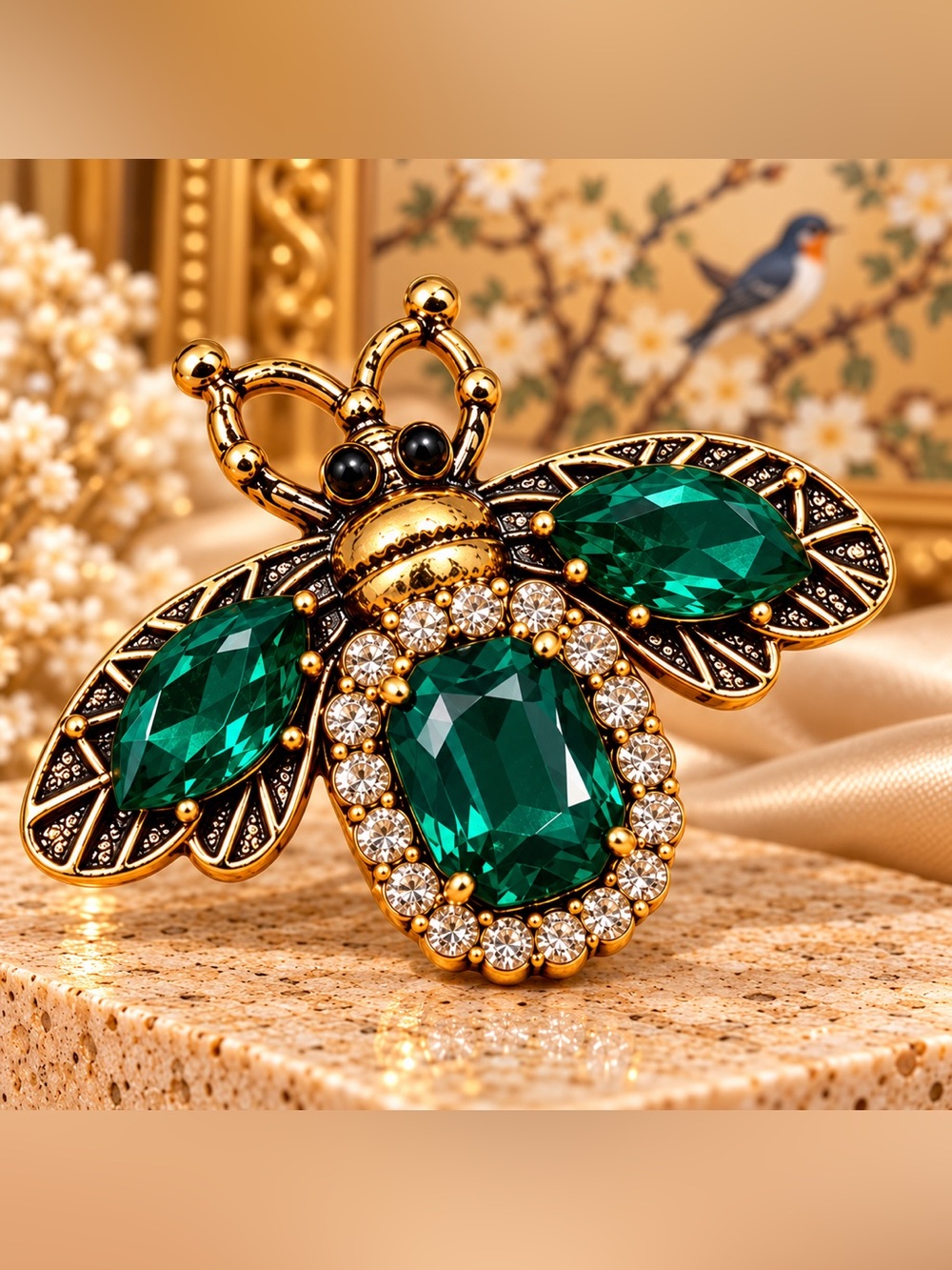 Emerald Green Crystal Bee Statement Brooch Rhinestone Insect Pin Fifi’Closet